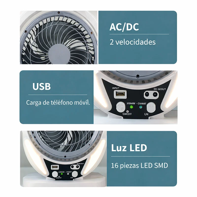 Ventilador Solar Recargable 8” GD-8025 con Panel Solar 6W y Carga USB - Vista 2