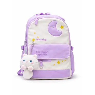 Mochila Juvenil Multicolor con Diseño de Luna, Amplios Compartimentos y Peluche miniatura 2