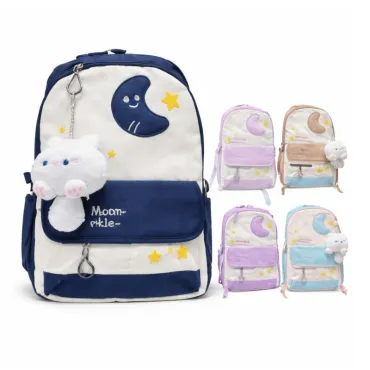 Mochila Juvenil Multicolor con Diseño de Luna, Amplios Compartimentos y Peluche miniatura 3