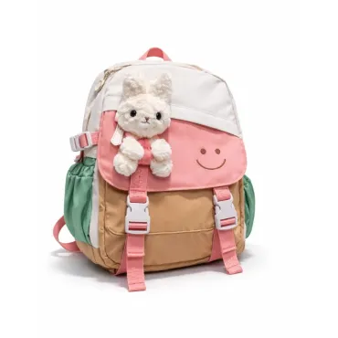 Mochila Multicolor con Peluche de Conejo y Múltiples Compartimentos