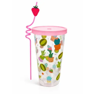 Vasos Summer 500 ml con Tapa y Cañita Decorativa de Frutas