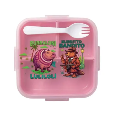 Set de Táper Brainrot B 675 ml con Cuchara 2 en 1 y 3 Compartimentos