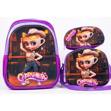 Set Mochila Escolar 3 Piezas con Luces Lonchera y Cartuchera