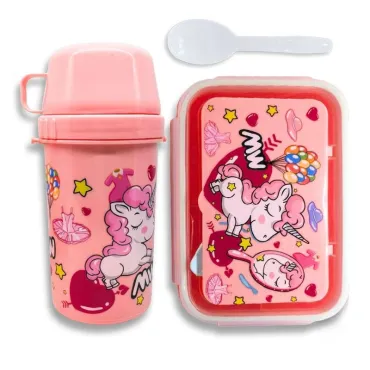 Set de Lonchera Unicornio Kawaii: Táper con 3 Divisiones 500ml y Tomatodo